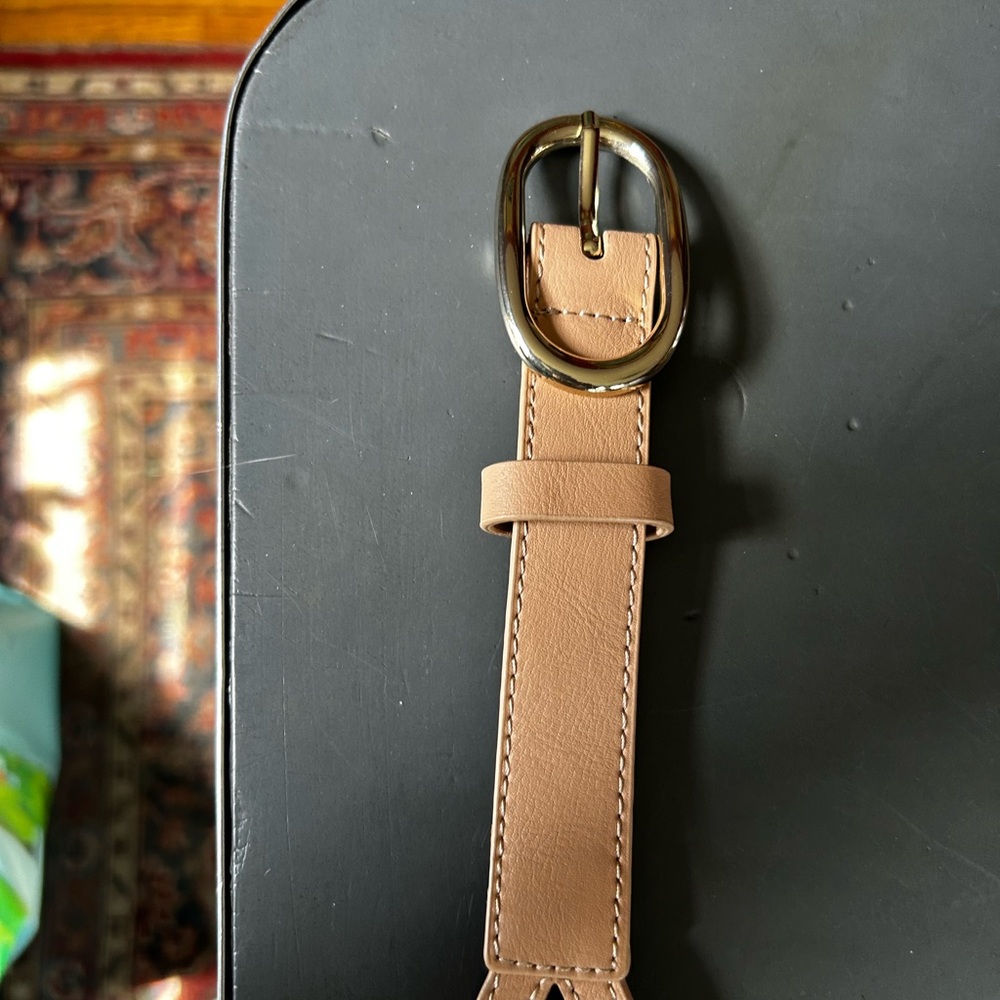 Tan Leather Belt with Gold Oval Buckle